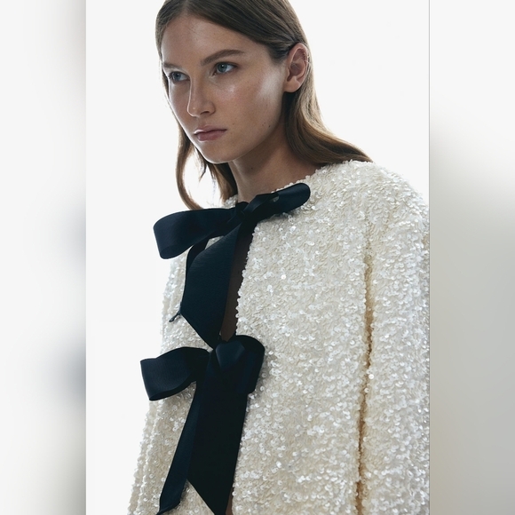 New H&M Sequined Bow-Front Jacket - Picture 4 of 6